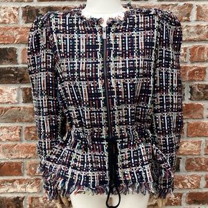Halogen petite plaid woven blazer with an adjustable waist and fringe / LP